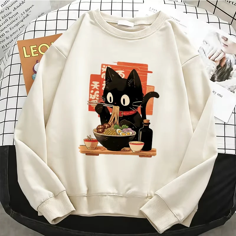 Funny Black Lamian Noodles Cat Japanese Anime Style Printed Long Sleeve Sweater Soft Round Neck Pullover Casual Dress view 3