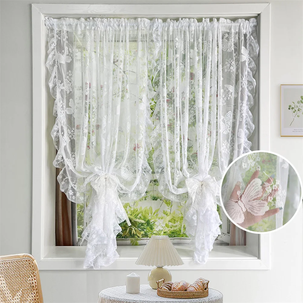 French Lace Jacquard Curtains Retro Luxury Butterfly Lotus Edge Sheer Voile for Living Room Balcony Bay Window Screen