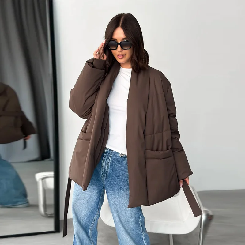 Damen Gefütterte Jacken V-Ausschnitt Langarm Schnürung Übergroße Mäntel Herbst Winter Damen Mantel mit Taschen Einfarbig Locker Geschnitten Schicke Neue Oberbekleidung – Detail 12