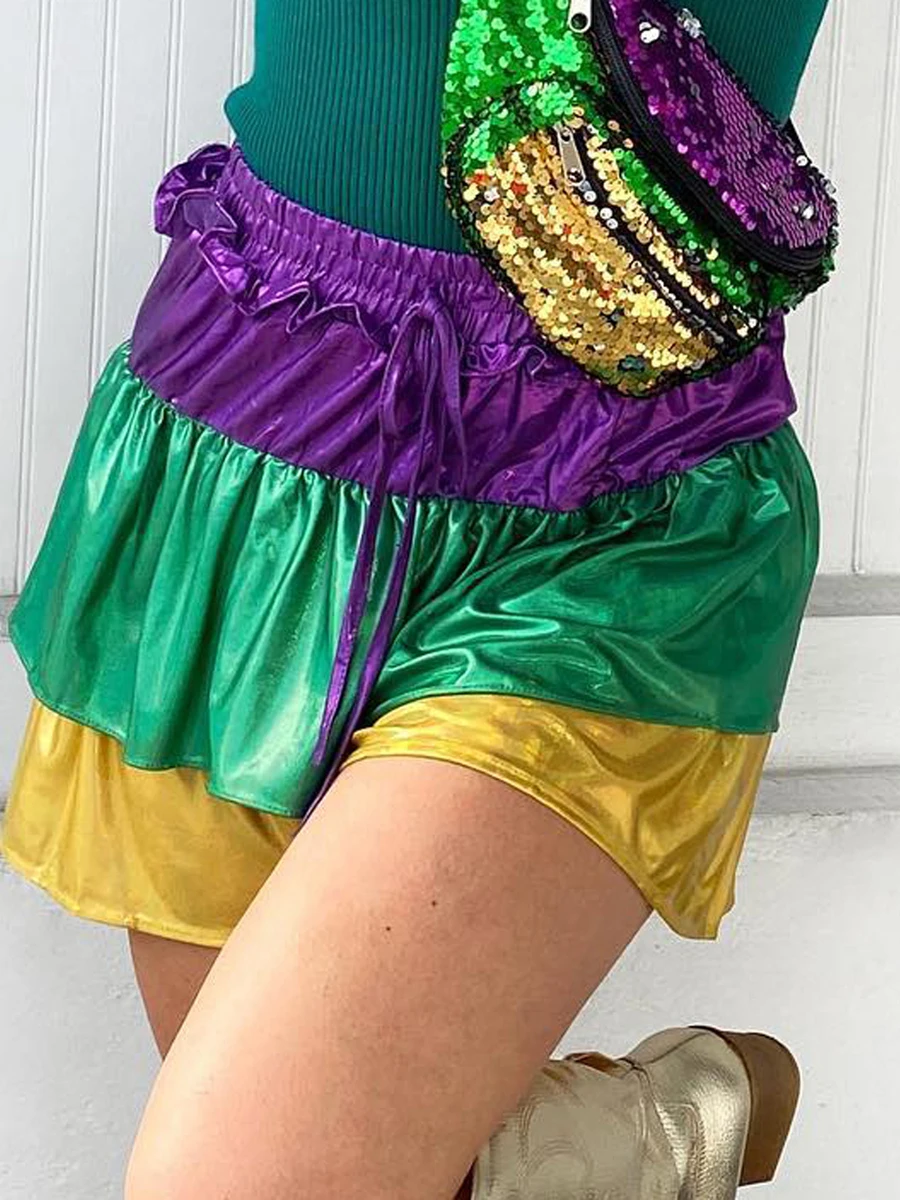 

New Fashion Shorts Three-color Stitching Satin Pleated Short For Women 2024 High Waist Hakama New Woman Spring Summer Clothing