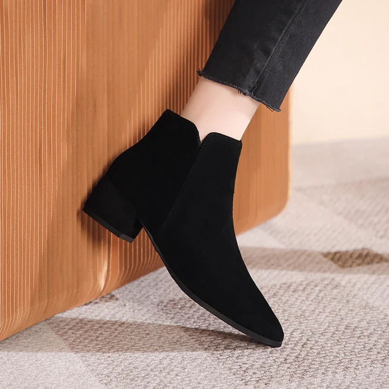 Thick Heel Black Ankle Boots Women\'s 2024 New Fall/winter High Heel Women\'s Pointed Comfortable Single Boots