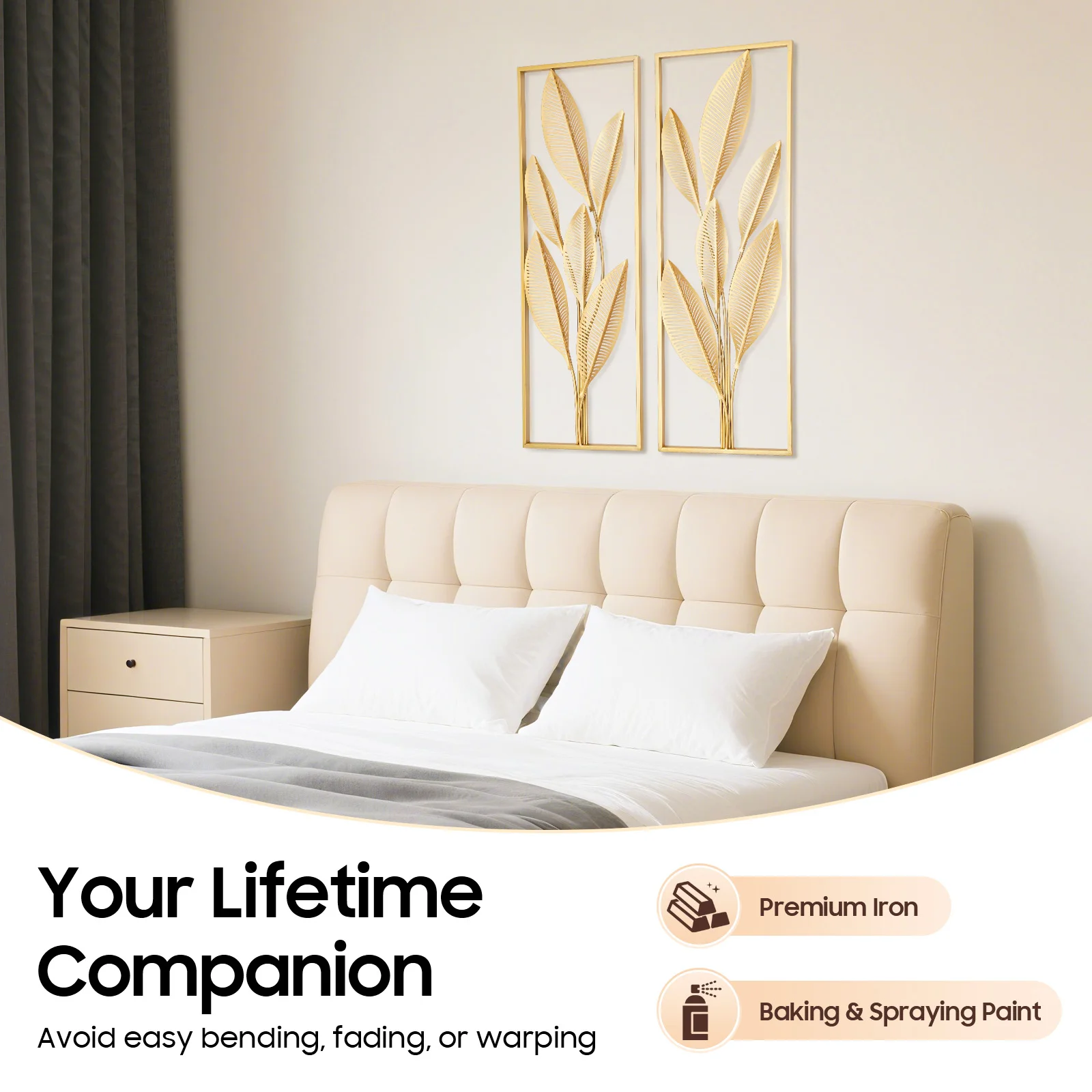 Set of 2 Golden Leaf Wall Hanging Decor, Non-Perforated Wrought Iron Wall Art  Decor with Frame for Home Office Decoration