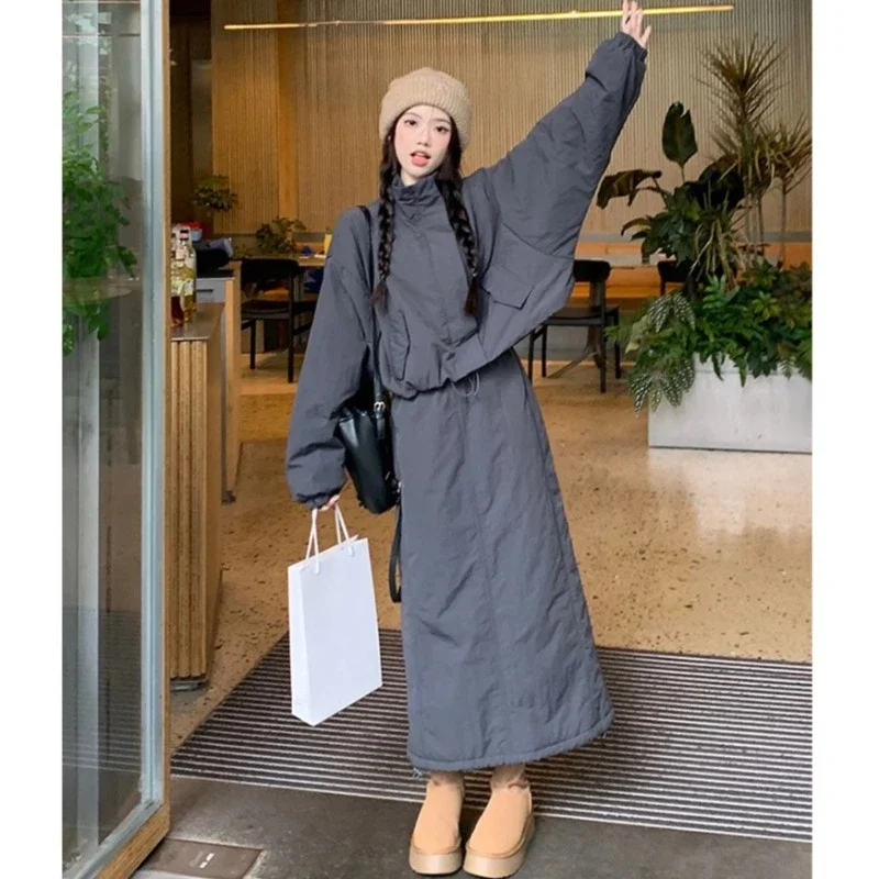 Coreano moda Vintage semplice giacca di cotone vestito donna autunno inverno sciolto Casual stile Harajuku manica lunga cappotto Top + gonna lunga