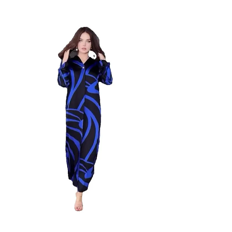 

JY Simple and fashionable new printed long sleeved loose dress, blue V-neck small slit elegant and generous long skirt for women