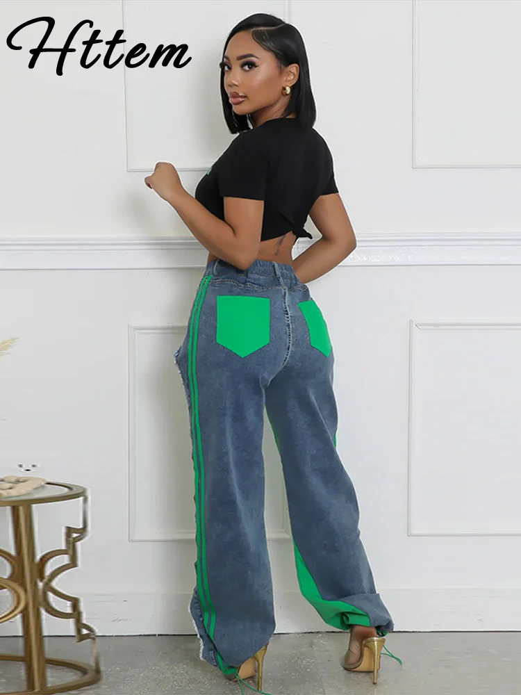 

Мешковатые контрастные джинсы в полоску, женские свободные брюки для бега с высокой талией и пуговицами, женские модные женские уличные брюки 2025 года на молнии