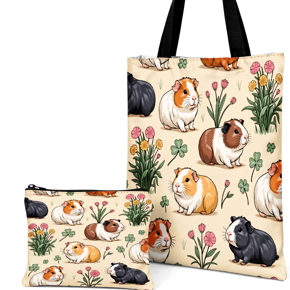 Cute Guinea Pig Pattern Tote Bag Flowers And Animals Shoulder Bags And Cosmetic Bag Combination For Daily Use Storage Pouch