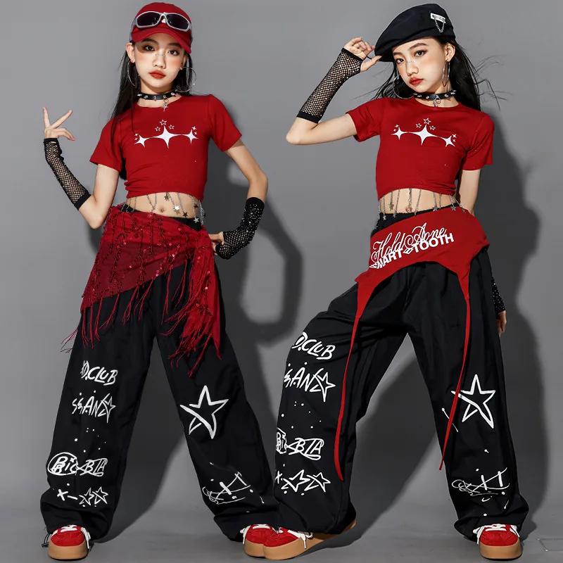 Nuove ragazze Hip Hop Street Dance Costume Rosso Crop Top Pantaloni larghi Performance Abiti da ballo moderni Set Gruppo Jazz Stage Outfit