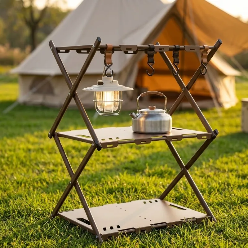 3/4 Tiers Portable Collapsible Carbon Steel Outdoor Camping Storage Rack Grill Picnic Table Fruit Cookware Organizer Shelf Stand