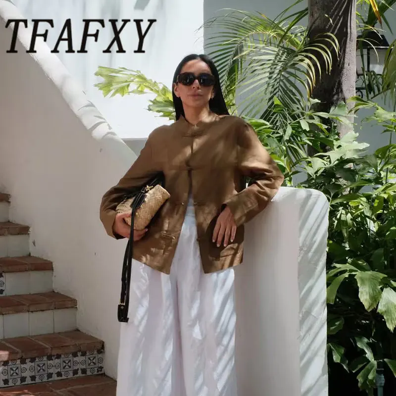 

TFAFXY 2026 Summer Casual Chic Women Blouse Solid Single Breasted Long Sleeve Pockets Chinese Style Shirt Fashion Holiday Blouse
