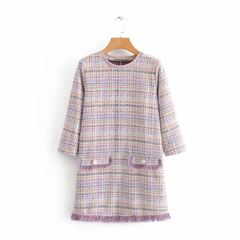 Women's 1 piece tassel embellished colorful plaid half sleeved dress 2024 new small fragrant style dress