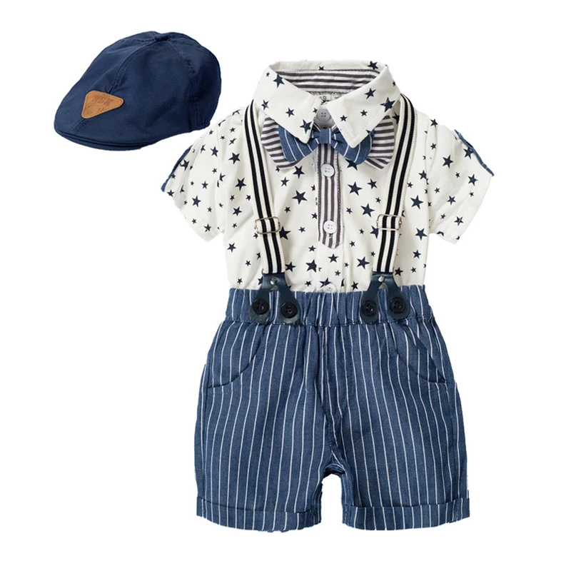 IYEAL New Boys' Summer Gentlemen's Set Cartoon Star Pattern Bodysuit+Striped Strap Pants+Hat 3 Piece Set For Wedding Party