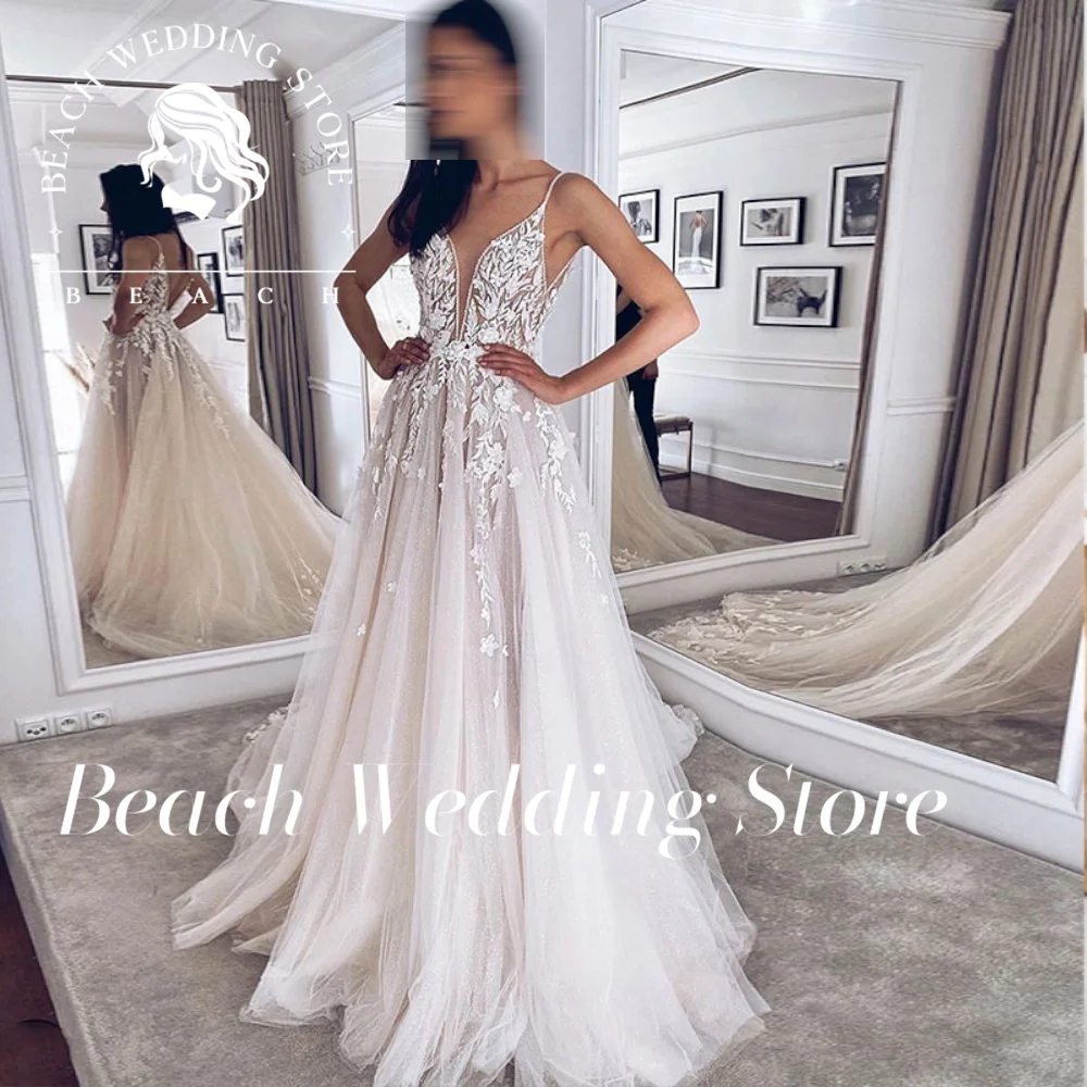 Praia personalizado cinta de espaguete profundo decote em v vestido de casamento para noiva rendas apliques brilhante tule sem costas lindos vestidos de noiva