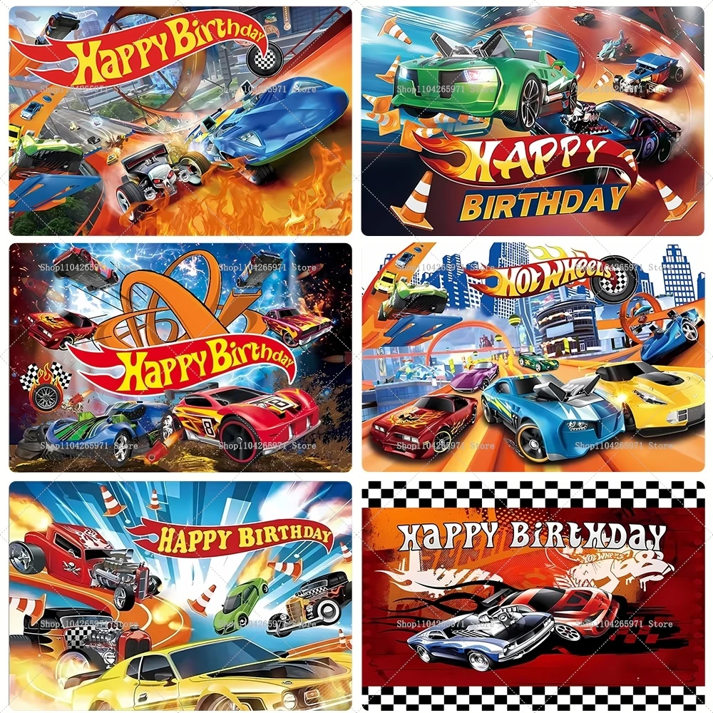 Hot Wheels Race Car Happy Birthday Backdrop Banner Speed Car Theme Kids Boys Birthday Party Decor Photo Background Supplies