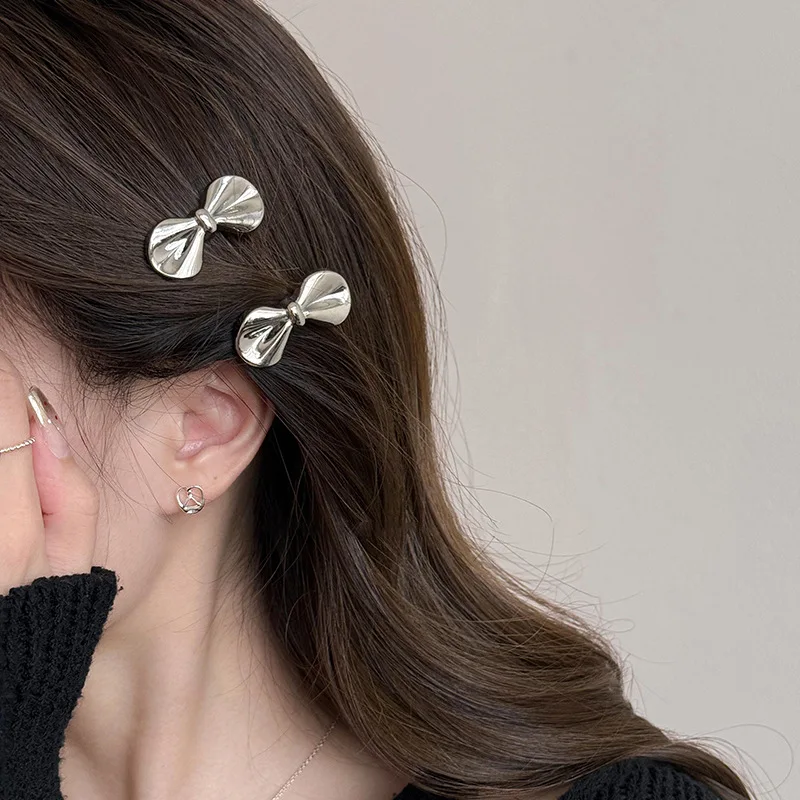 

2pcs/set Sweet Cool Girls Fashion Hair Clip Sliver Color Metal Women Hair Clip Elegant Bow Bang Side Clip Cute Hair Accessories