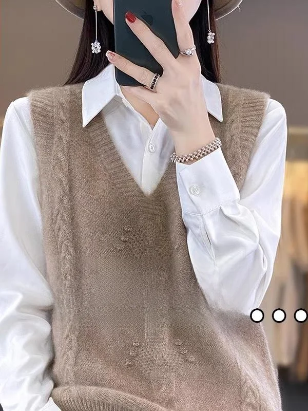 

Женский шерстяной жилет однотонного цвета, свободный крой, V-образный вырез, вязаная верхняя одежда, новинка весны, повседневный стиль, топ стандартного кроя