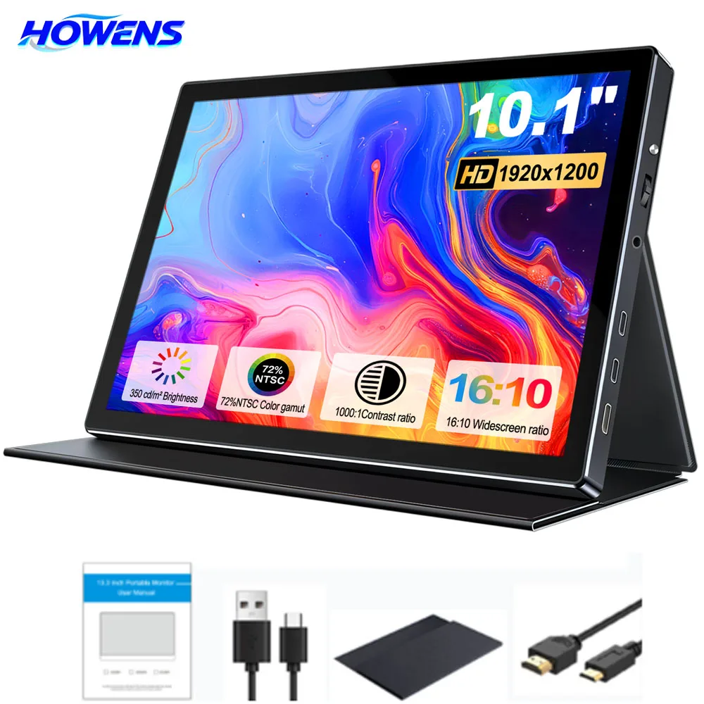 

HOWENS 10.1 inch Portable Monitor 300Cd/m ² FHD 1280P 100% SRGB Laptop Second Screen For Mac Xbox PS4/5 Switch Laptop Car PC NEW