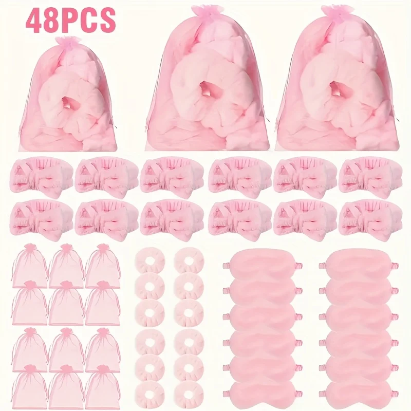 

48 Pack Pink Sleepover Spa Party Supplies Set- 12 Hairbands, 12 Sleep Eye Masks, 12 Polyester Headbands, 12 Organza Gift Bags-fo