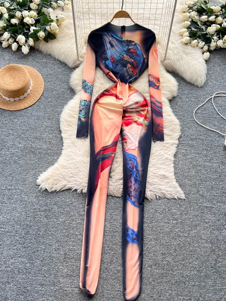 

Сексуальный модный принт, утягивающий длинный комбинезон-комбинезон с высокой талией, длинные брюки, женская одежда, облегающие брюки