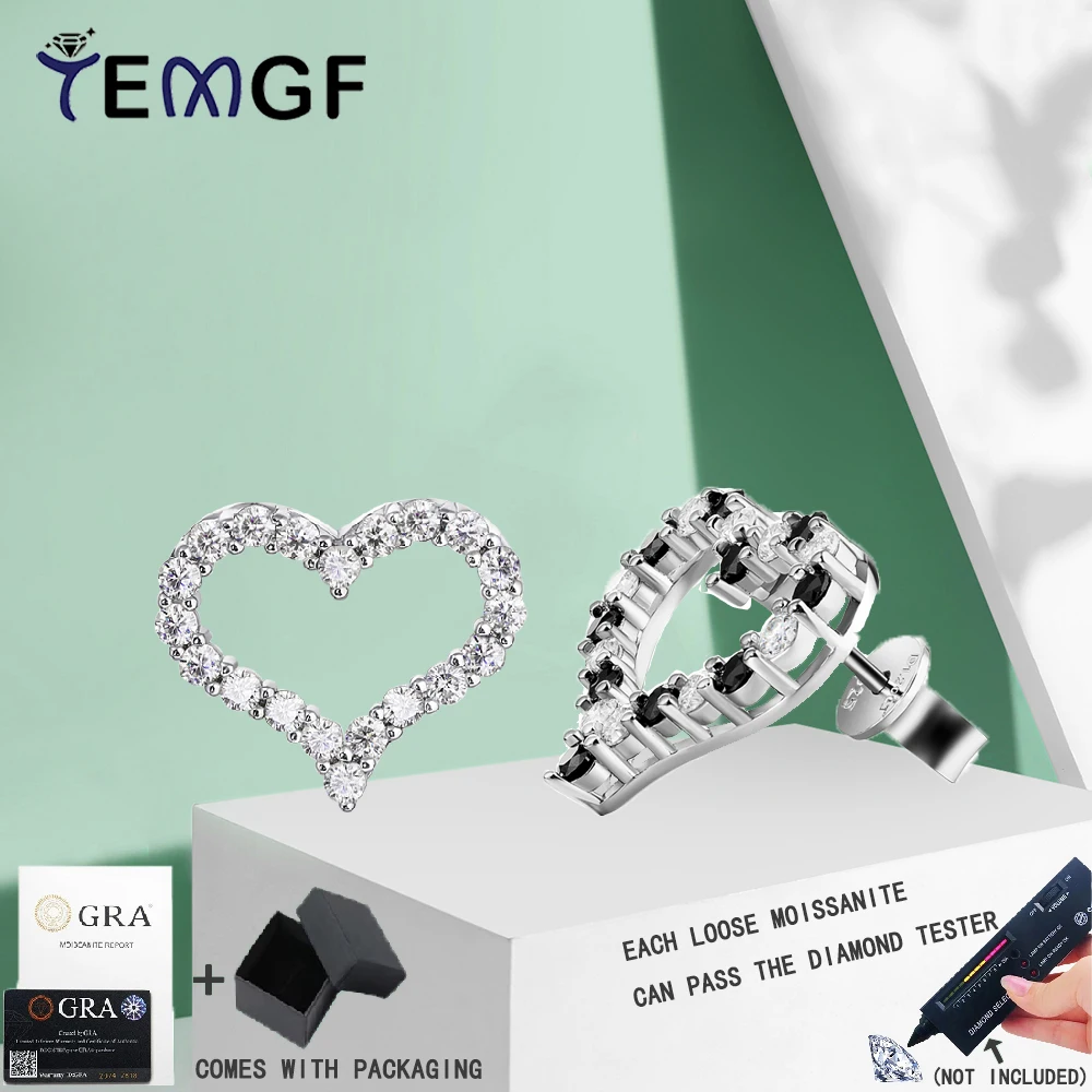 

TEMGF 1 Pair 925 Sterling Silver Studs Earrings Heart-shaped Design Full Moissanite Inlay for Women Fashion Elegant Fine Jewelry