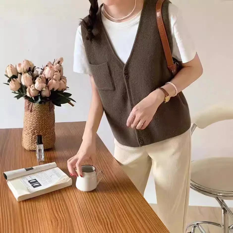 

Women's V-Neck Vest with Pockets | 2025 Solid Knit Cardigan | Early Fall Layering Essential