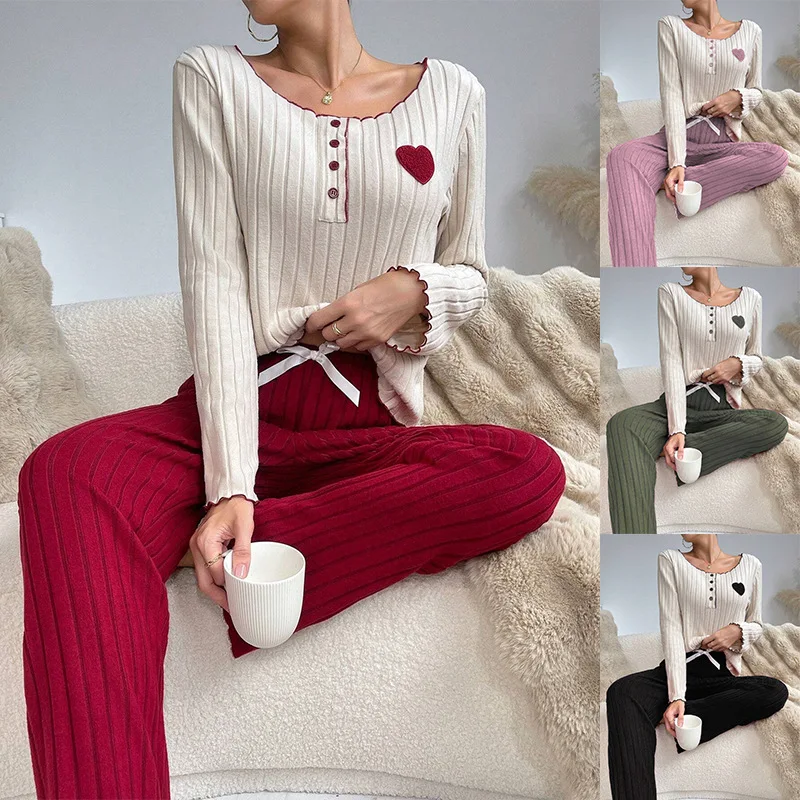 Women Pajama Set Lady Round Neck Button Autumn Winter Pajamas Girls Students Long Sleeve Long Pants Fleece Home Wear Pajamas Set