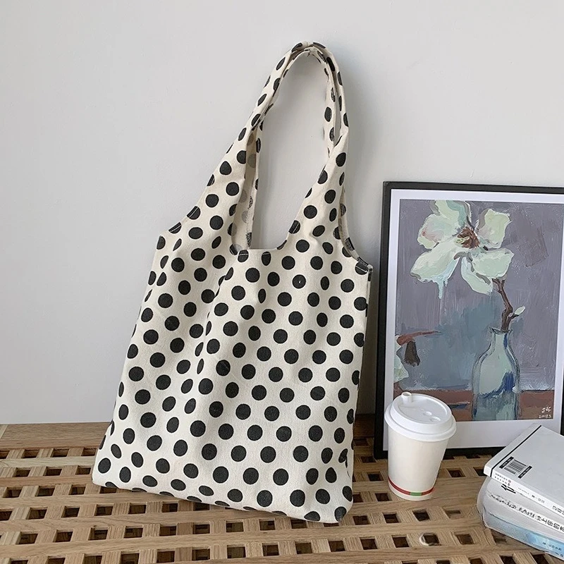 Korean Ins Round Polka Dot Canvas Bag Large Capacity Literary Street Shoulder Portable Environmentally Friendly Shopping Bags