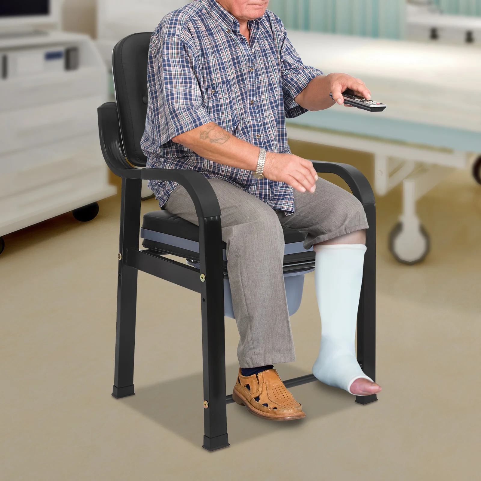 

Bedside Commode Chair for Elderly & Disabled Potty Chair w/Arm, Seat, Removable Pail Commode Chair Load 250kg Height Adjustable