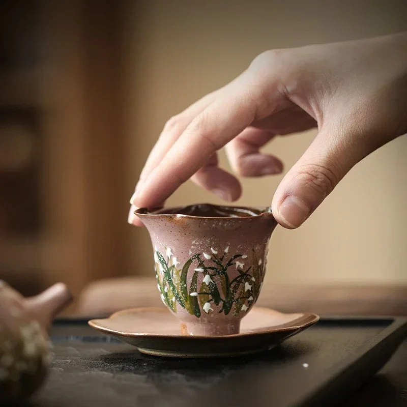 Light Luxury Retro Hand-painted Lily of The Valley Owner Cup Ceramic Chinese Kung Fu Tea Set, Home Petal Tea Tasting Single