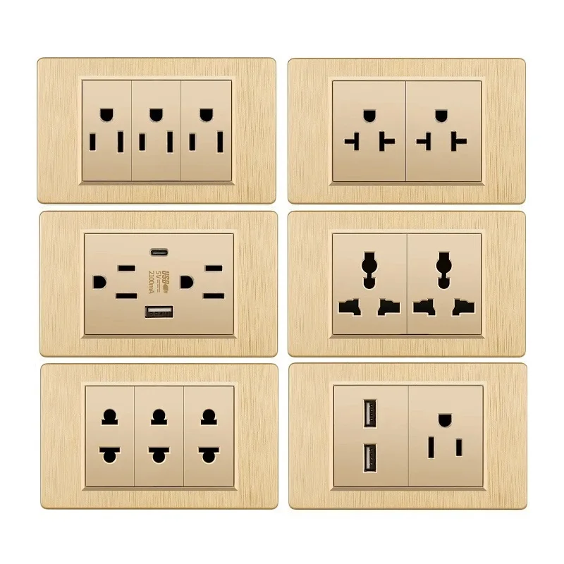 

Brushed Plastic Panel US Standard Golden Wall Socket Electrical 20W Type C USB 3Pin 4Pin 6Pin 9Pin Fast Charge Outlets 118Type