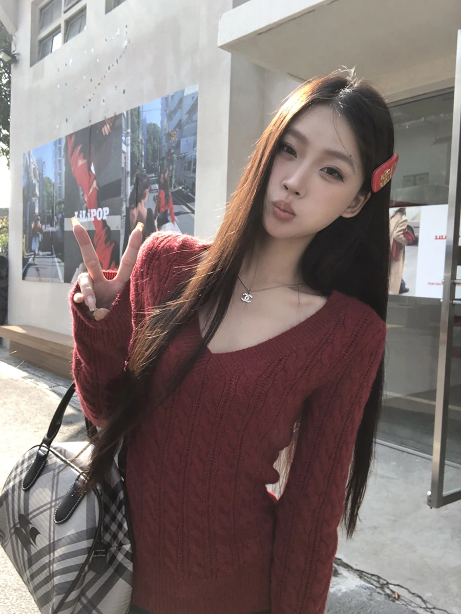 

Красный женский свитер с v-образным вырезом, весна-осень 2023, новинка Lazy, высококачественная внутренняя одежда, вязаный свитер irt для поездок на работу, прямой крой