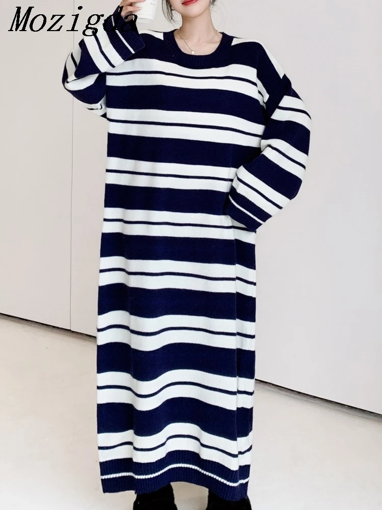 

Oversize Autumn Winter Lazy Oaf Knitted Striped Sweater Dress Women Korean Loose Long Sleeve Dress Woman Ladies Dresses Vestidos