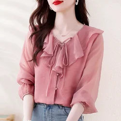 New Summer Long Sleeve V-Neck Women Shirt Casual Ruffles Chiffon Shirt Blouse Women Tops Blusas Mujer De Moda 2024 Verano A555