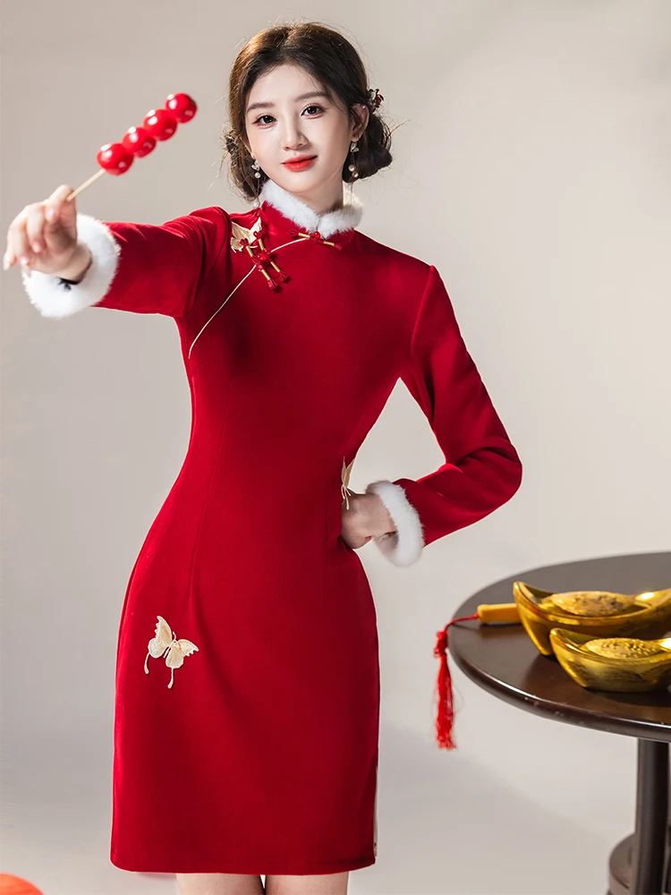 

Red Thiened Cisas Women's Qipao Dr New Chinese Sle ort High Slit Warm Long Sve Floral Print Gown