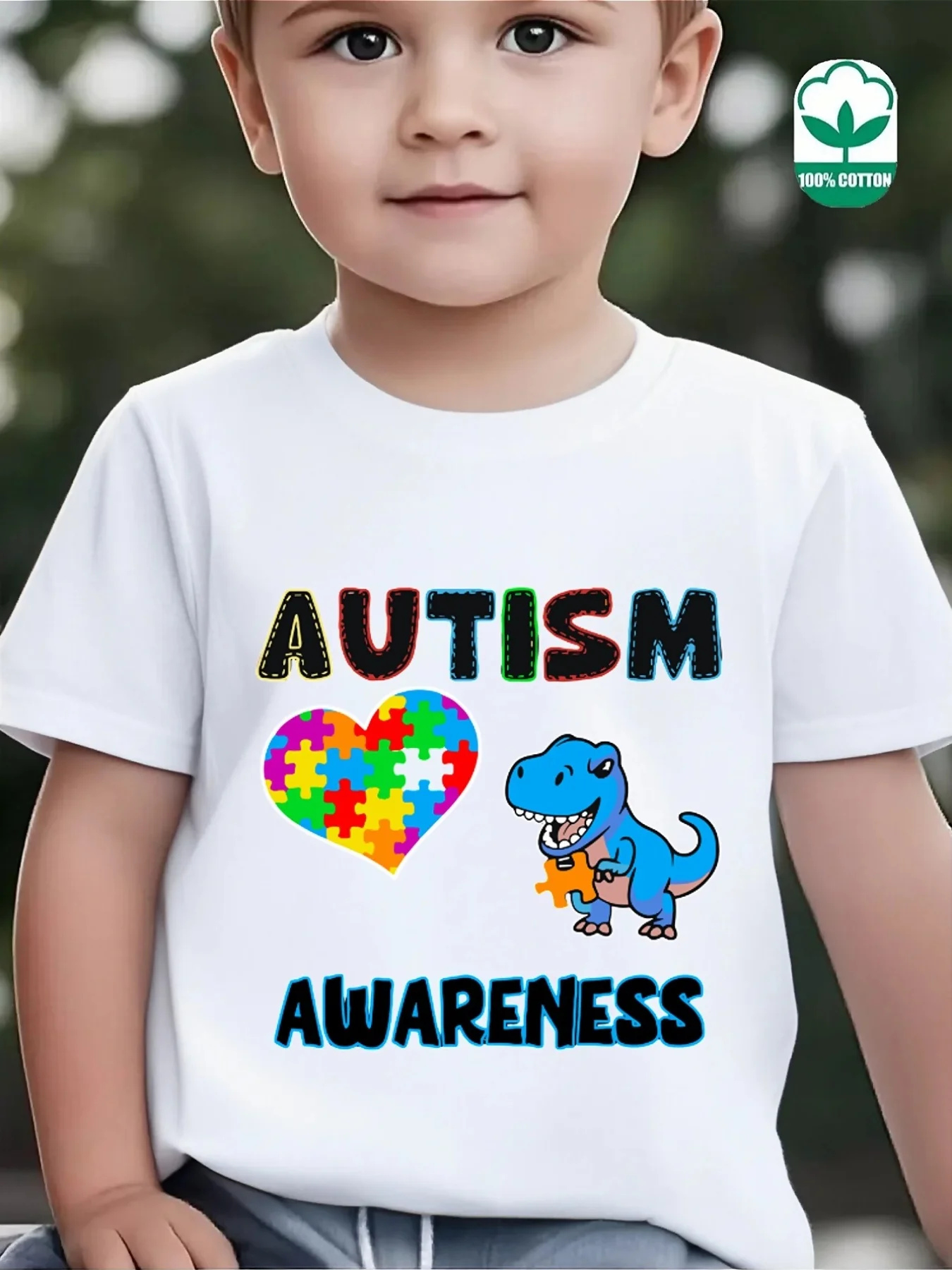 Autism Awareness Puzzle Heart Dinosaur Graphic Family Matching T Shirt Boys Girls Short Sleeve Summer Crew Neck Casual Tops