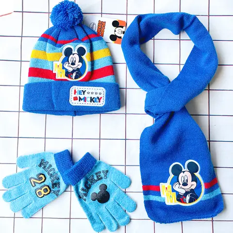 3 pz/set berretto per bambini Ragazza ragazzo Cappello Cartoon Mickey Cappelli Sciarpa Guanto Set caldo set di copricapo in maglia anime