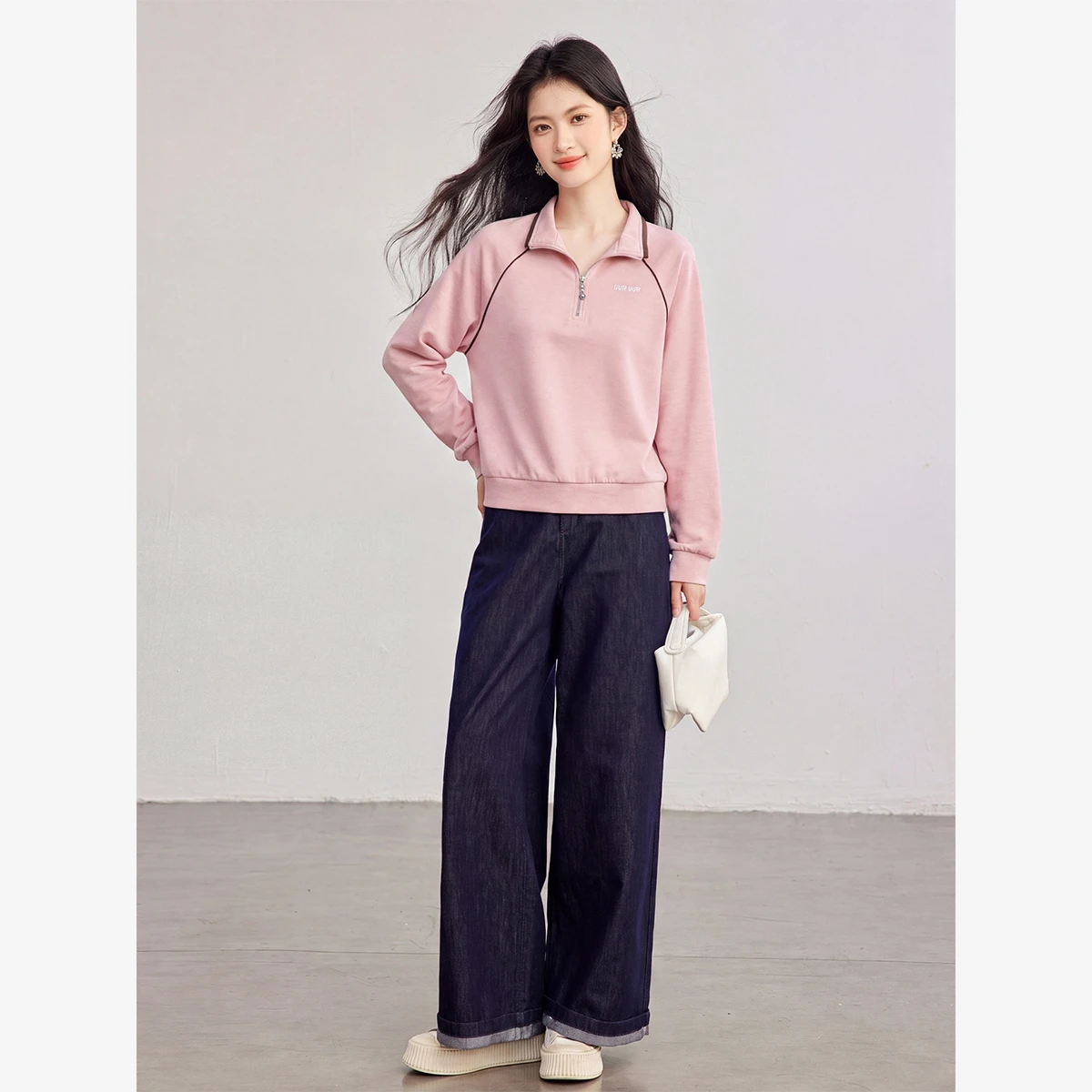 VIMLY Fashion Pink Sweatshirt for Women 2026 Autumn Stand Collar Color Block Letter Embroidered Long Sleeve Top Ladies A7228