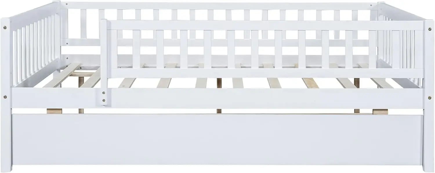 Full Size Wood Platform With Trundle And Fence Guardrails