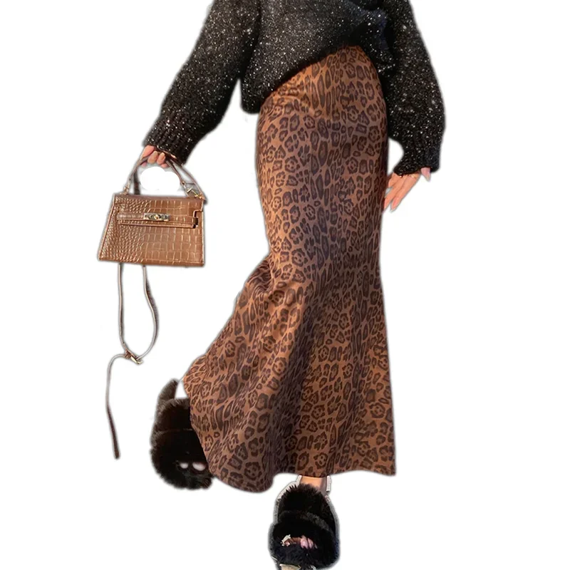 2024 New Autumn Winter Women High Waist Slim Long Skirt High Quality Elegant Vintage Leopard Print Mermaid Hem Woolen Skirt