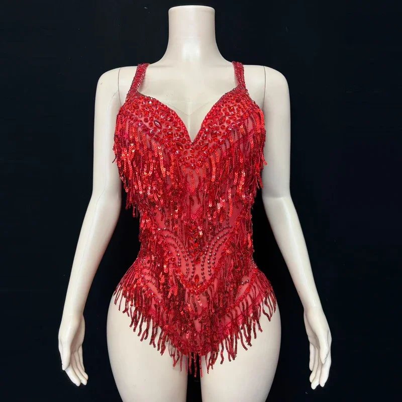 

Вечеринка наряд для шоу девушки, роскошный боди с блестками и стразами и бахромой, женский наряд Drag Queen, сексуальный костюм для танца на пилоне, барная сцена