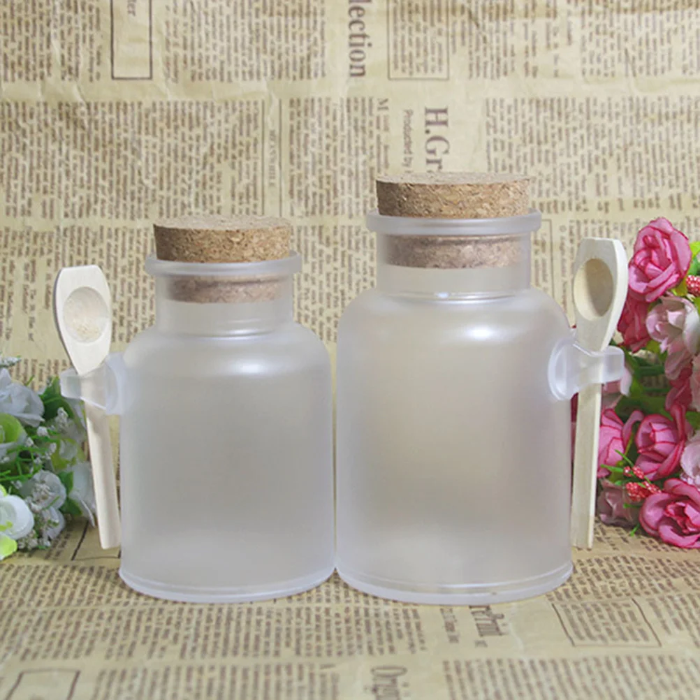 

3 pcs 200G Frosted Abs Plastic Bath Salt Bottle Set Cork Cover Wooden Spoon Portable Storage Container For Spices Diy