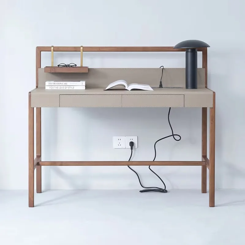 Modern style desk with wooden legs, leather top, built-in electrical outlets and drawers, home office computer desk with hanger