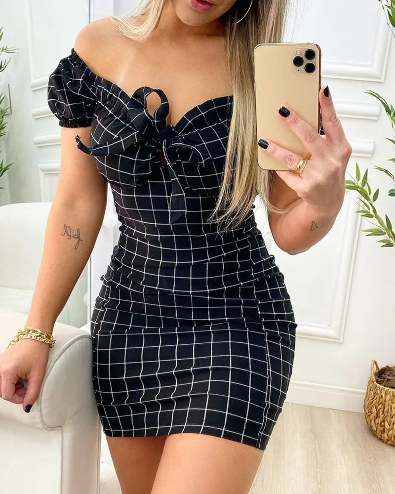 

Vintage Plaid Print Slim Short Dresses Women Sexy Off Shoulder V-neck Package Hip Bodycon Mini Dress Fashion Hot Girl Vestidos