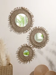 Brown Room Decorative Mirrors Wall Decor Boho Macrame Round Cosmetic Mirror Room Wall Mirror Woven Macrame Crafts Art Home Decor