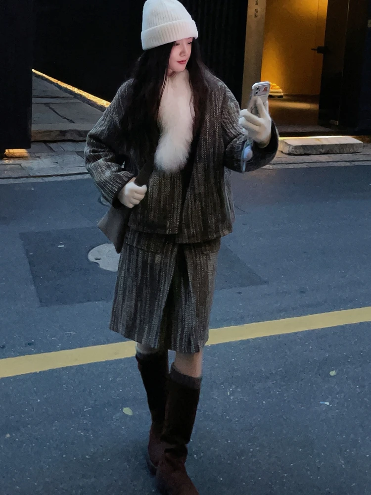 

IANTSUI Winter Wool Blend Cact Set Vintage Loose A-Line Skirt Women's Faion Warm Thiened mid Waist Polyester