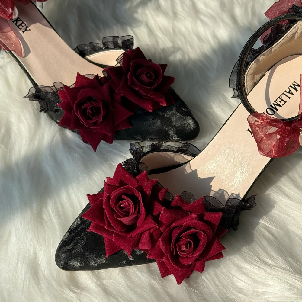 

Black Red Gothic Velvet Heels Pointed Toe Stiletto Dark Rose Floral Lolita Shoes for Women Victorian Party Pumps