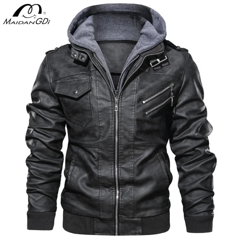 MaiDangDi 2025 Men's Leather Jacket Motorcycle Tough Guy Style Mens Jacket Detachable Hooded Lapel Top Large Size Male Clothing