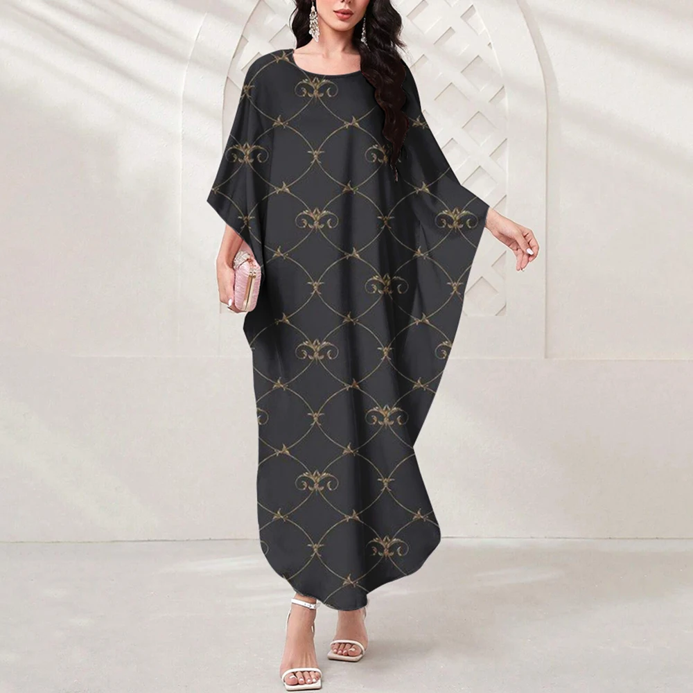 Exquisite Banquet Dress Elegant Purple Gold Print Dress Gilbab Muslim Robe Islamic Bat Sleeve Dress Muslim Floor-Length Dress