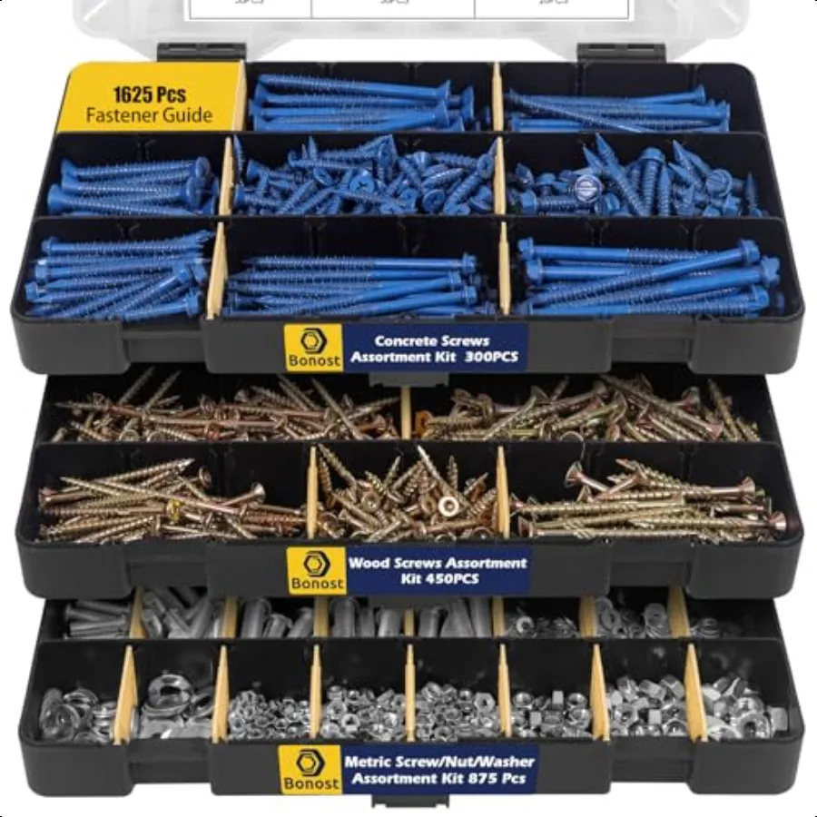 

Hardware Concrete Assortment Kit 1625 Pcs Concrete Screw Set with Assorted Nuts Bolts and Wood Screw 3 Trays