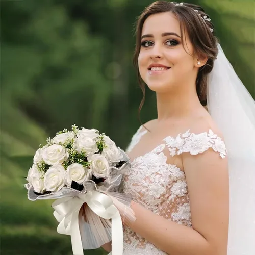 Imagen 2 del producto 1 ramo de novia en cascada de flores artificiales para aniversario de ceremonia de boda, ramo de lazo recortado con perlas, flores artificiales