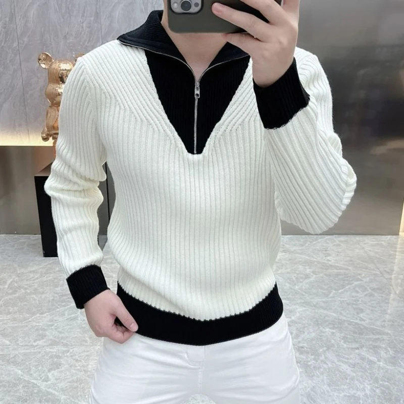 Masculino coreano moda preto branco contraste cor negócios casual camisola de malha meio zíper gola polo manga longa pullovers finos